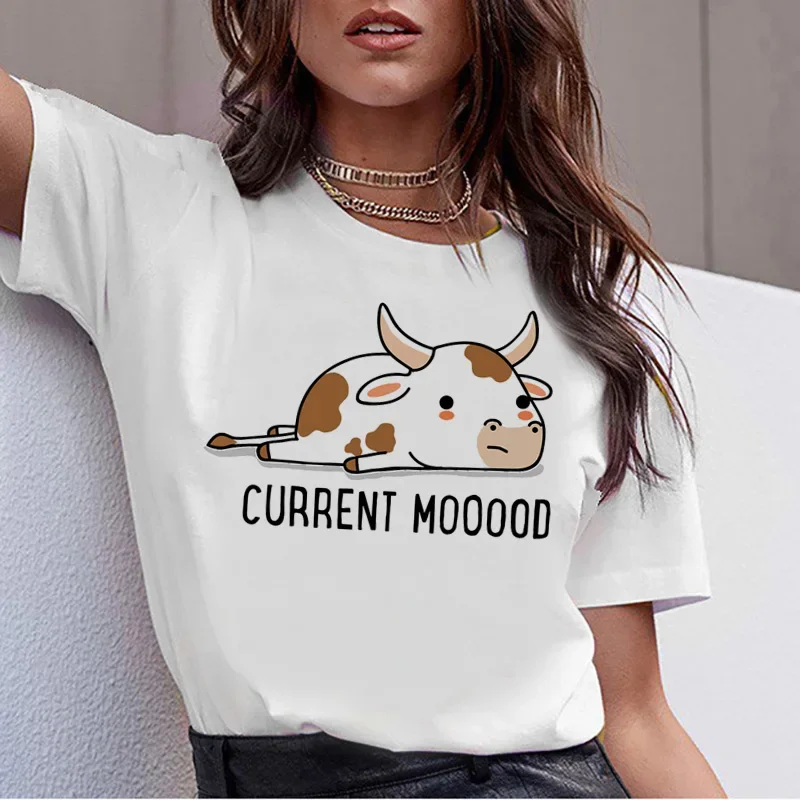 Camiseta com estampa gráfica unissex de vaca cartoon, gola redonda, camiseta kawaii para mulheres, harajuku, roupa coreana Ulzzang, casual anos 90