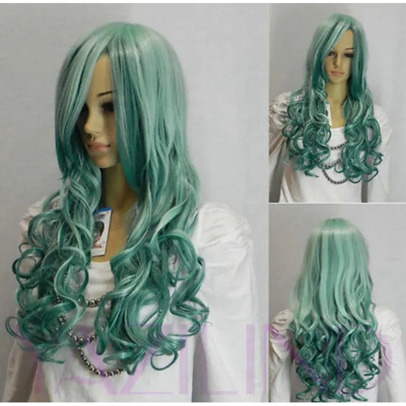 

WIG LL White Green Mix Long Wavy Ramp Bangs Fibre Hair Cosplay Daily Wear Wig