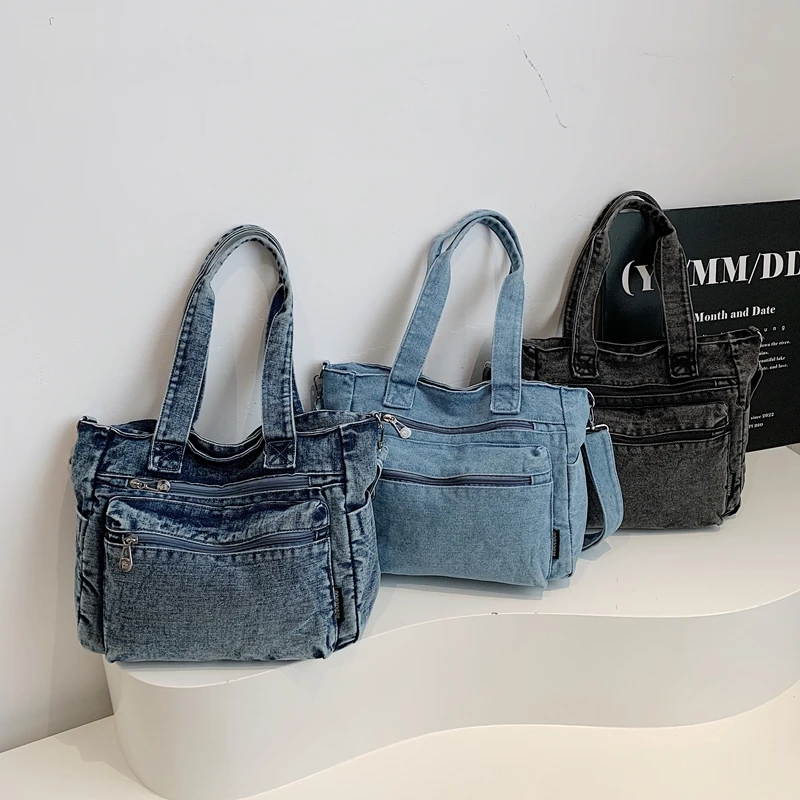 Light Luxury Large Capacity Denim Shoulder Bag Hot Sale Casual Versatile Women's Bag Sewing Thread Casual Versatile Handbags