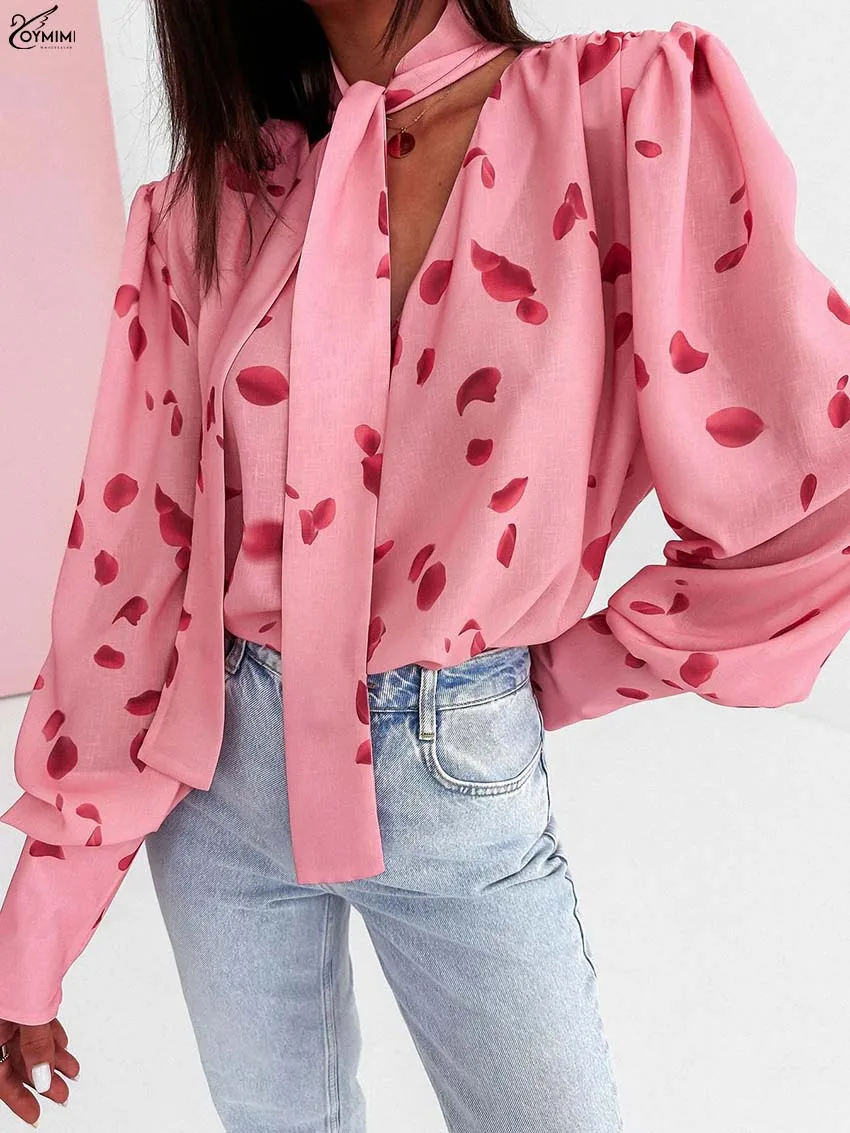 Oymimi Fashion Pink Print Women's Blouse Elegant V-Neck Long Sleeve Lace-Up Blouses Casual New Loose Blouses Female Clothing