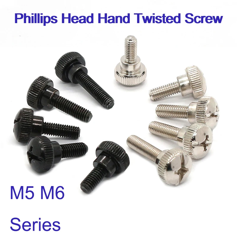 

2-50Pcs Phillips Head Hand Twisted Screw M5M6 Tool Free Adjustment Screw Manual Step Fastener Bright Nickel/Black Zinc
