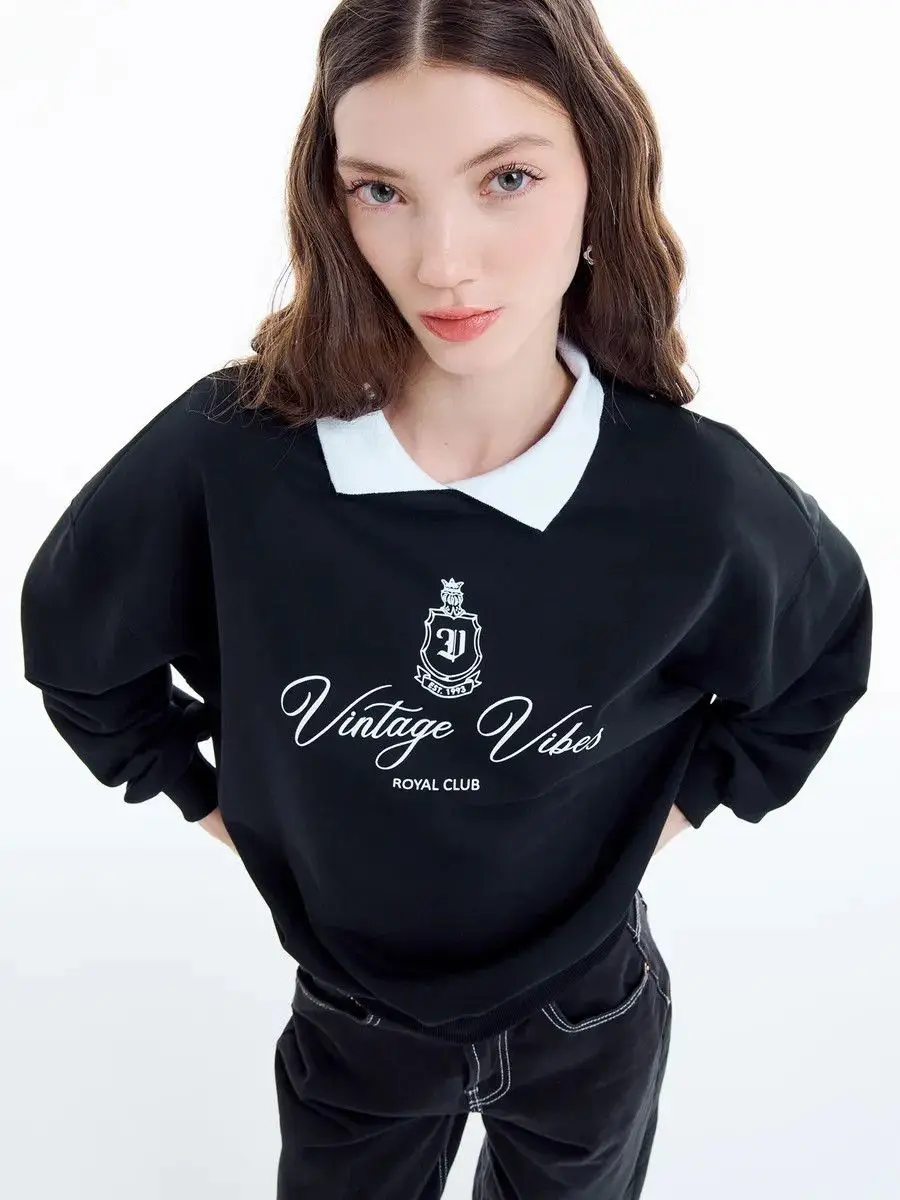 Preppy College Lady Crew Neck Lapel Sweatshirt Retro Badge Printed Long Sleeve Pullover Autumn Winter Loose Sport Preppy-style
