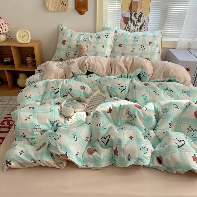 Winter class A imitation cotton four-piece set ancient washing small fresh printing bedding kit