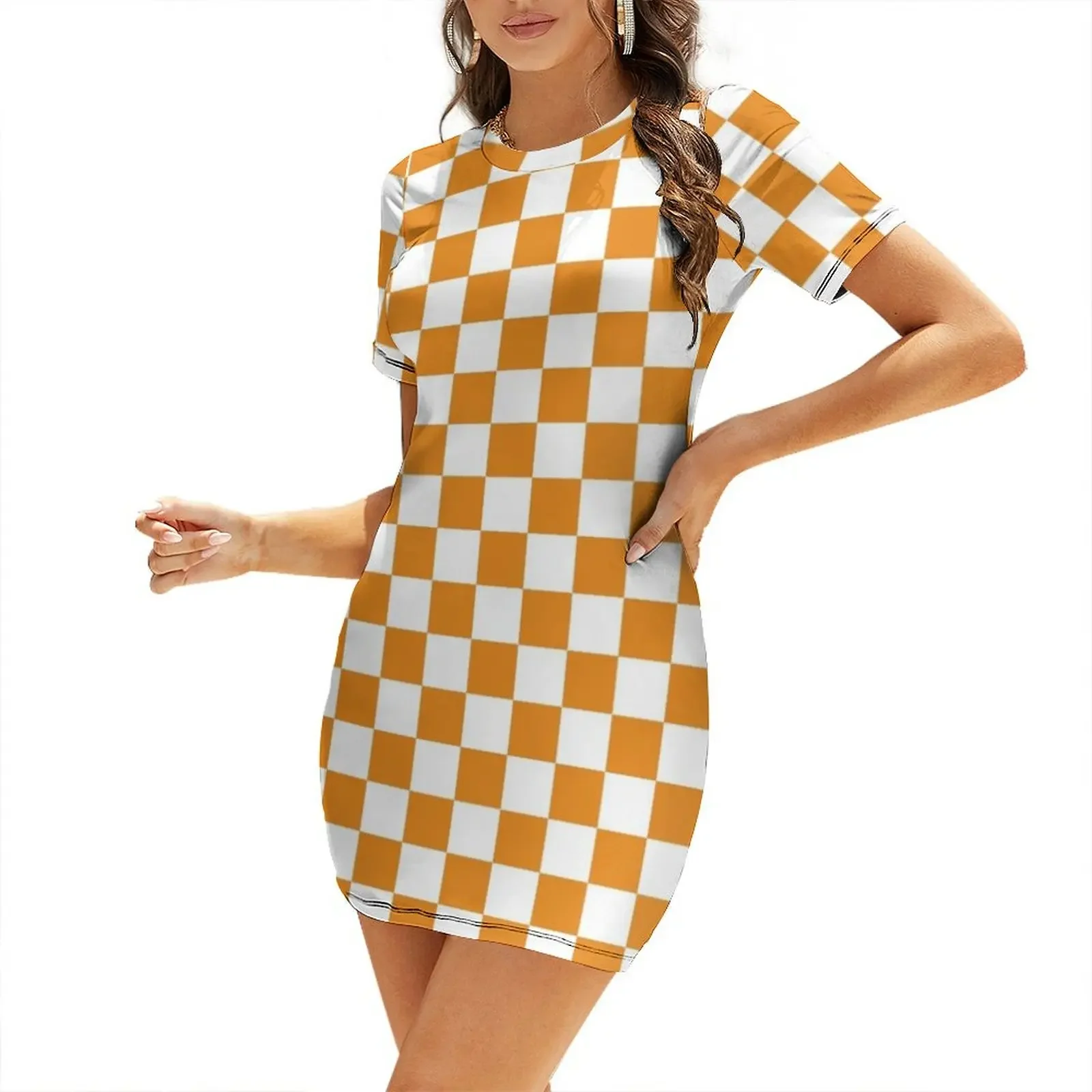 

Orange White Checkerboard Short-Sleeved Dress Woman dresses Dance dresses dresses for women 2025 wedding guest dress 2025 Dress