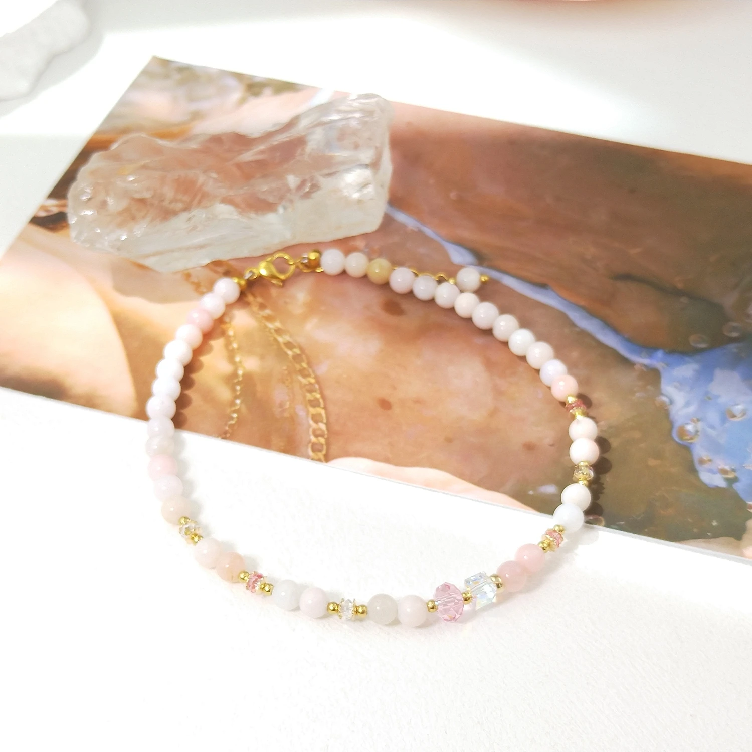 Lii Ji Pink Opal 4mm Beaded Anklet 22.5+3cm Handmade Bohe Fashion Jewelry For Female
