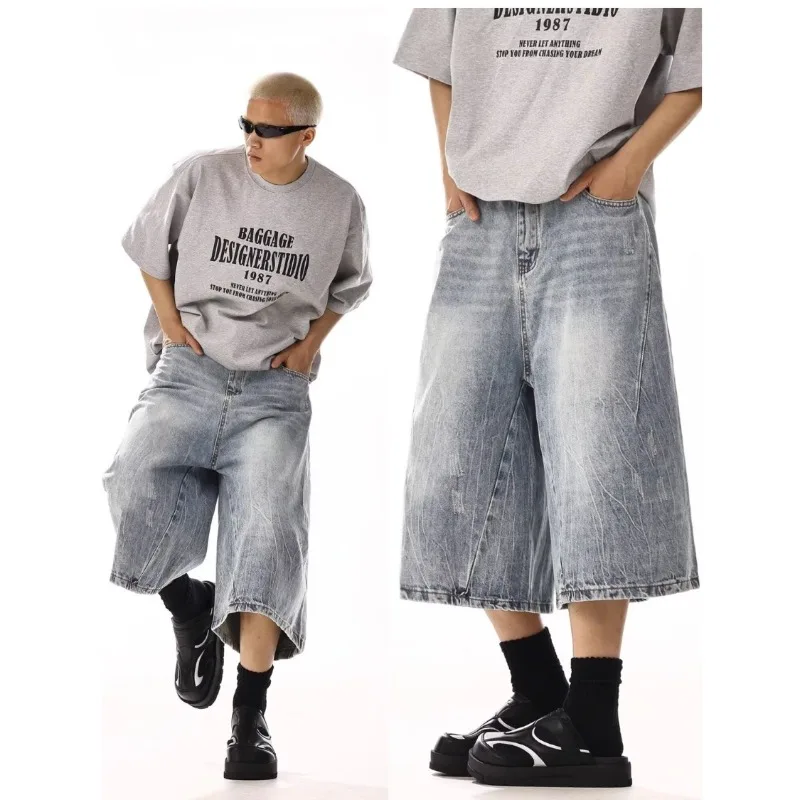

American Retro Denim Shorts Men's 2025 Summer New Washed Heavyweight High Street Loose Straight Leg Wide Leg Cropped Pants