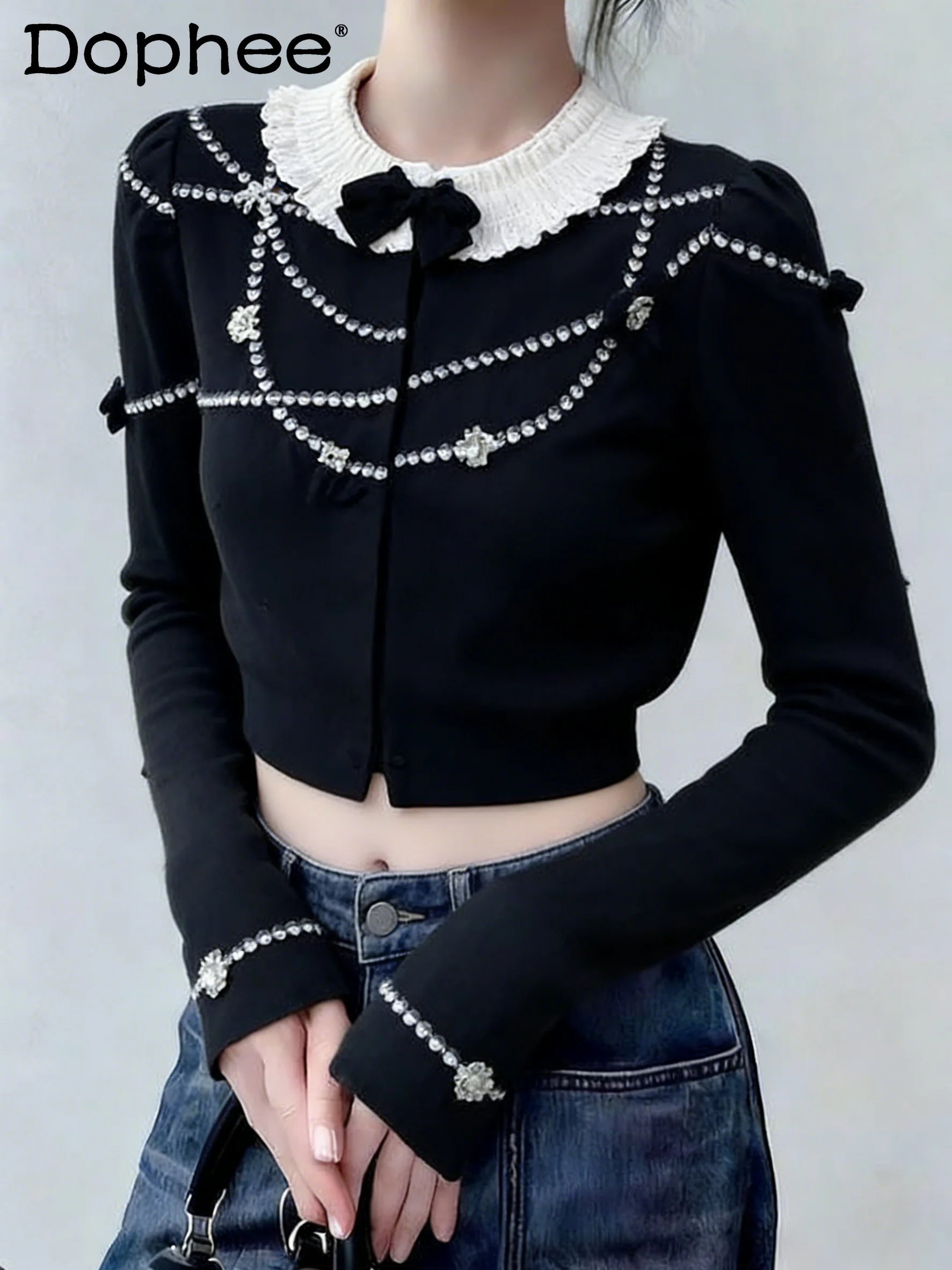 

2026 Spring New French Style Heavy Embellished Diamond High-end Women's Knitted Sweater with Bowknot Sweet Girl Short Top