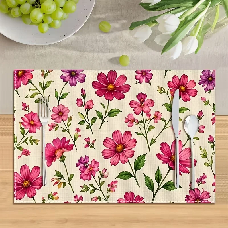 Pink Gingham Daisy Placemat Stain-resistant Table Mat Spring Floral Pattern Dining Pad for Farmhouse Kitchen Home Table Decor