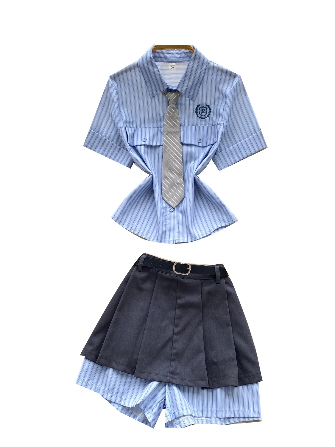 Spicy Girl School Sle Set High Waist ort Sve irt plus  Skirt Pants Striped Faionable Two-Piece Women's Outfit