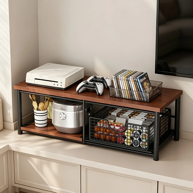 Double-tier Kitchen Worktop Storage Rack; Wooden Microwave and Coffee Machine Stand with Pull-out Drawers; Space-saving Storage