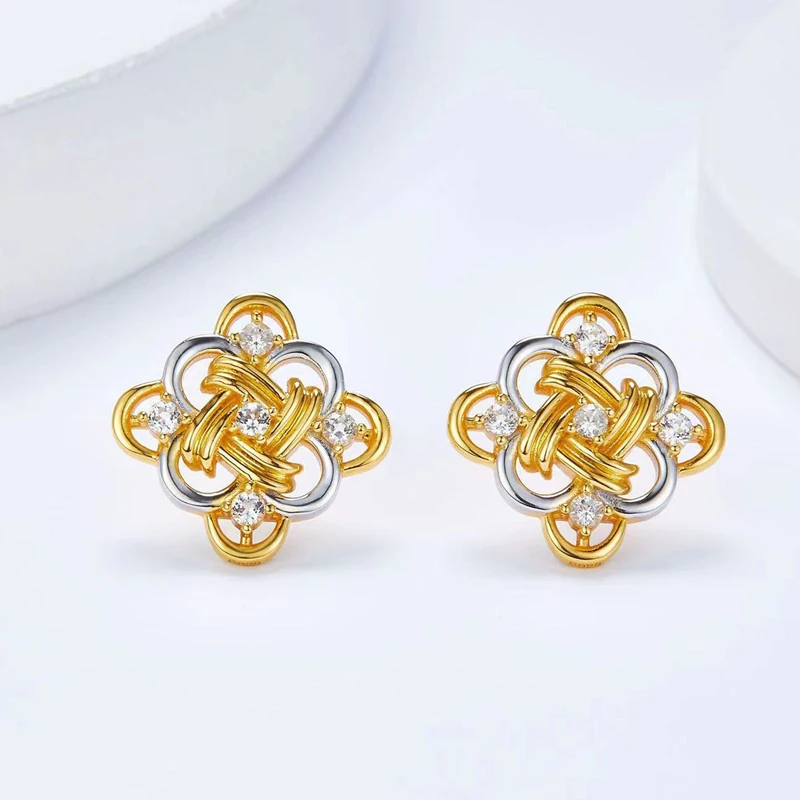 Natural Topaz 925 Silver Two Tone Plating Chinese Knot Earrings For Women White Stone Ethnic Trendy Chic Small Earring 2023 New