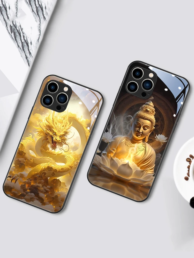 Dragon Buddha Horse LED Light Glowing Luminous Tempered Glass Phone Case for Samsung S24 S22 S23 Note 10 20 A14 A54 Plus Ultra