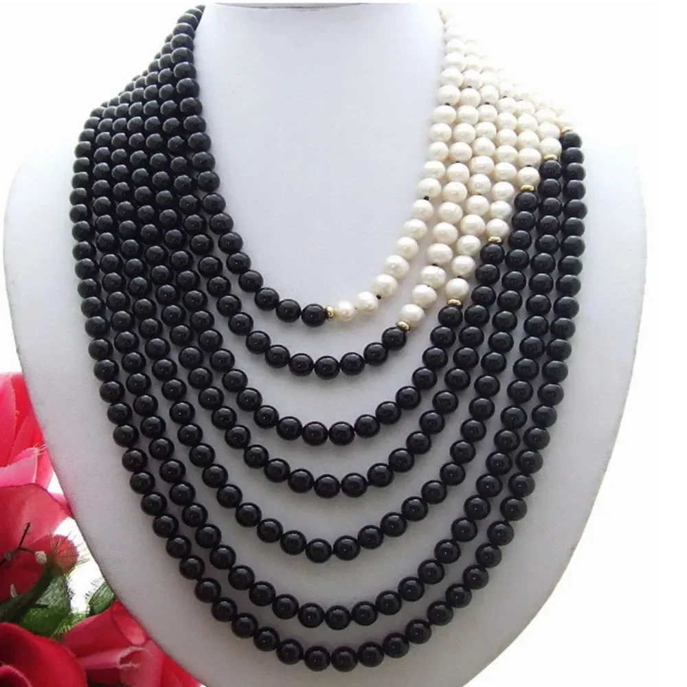 Hand knotted 7-8mm white freshwater pearl black agate necklace 45cm-60cm for women fashion jewelry