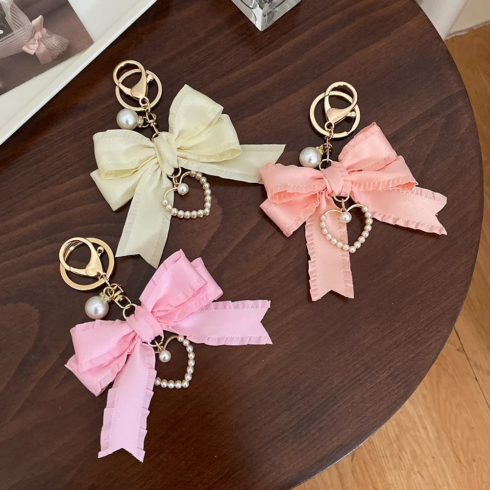 Korean Keyring pleated ribbon bow love car key chain women's school bag fashion pendant cute Keychain accessories cute for girls