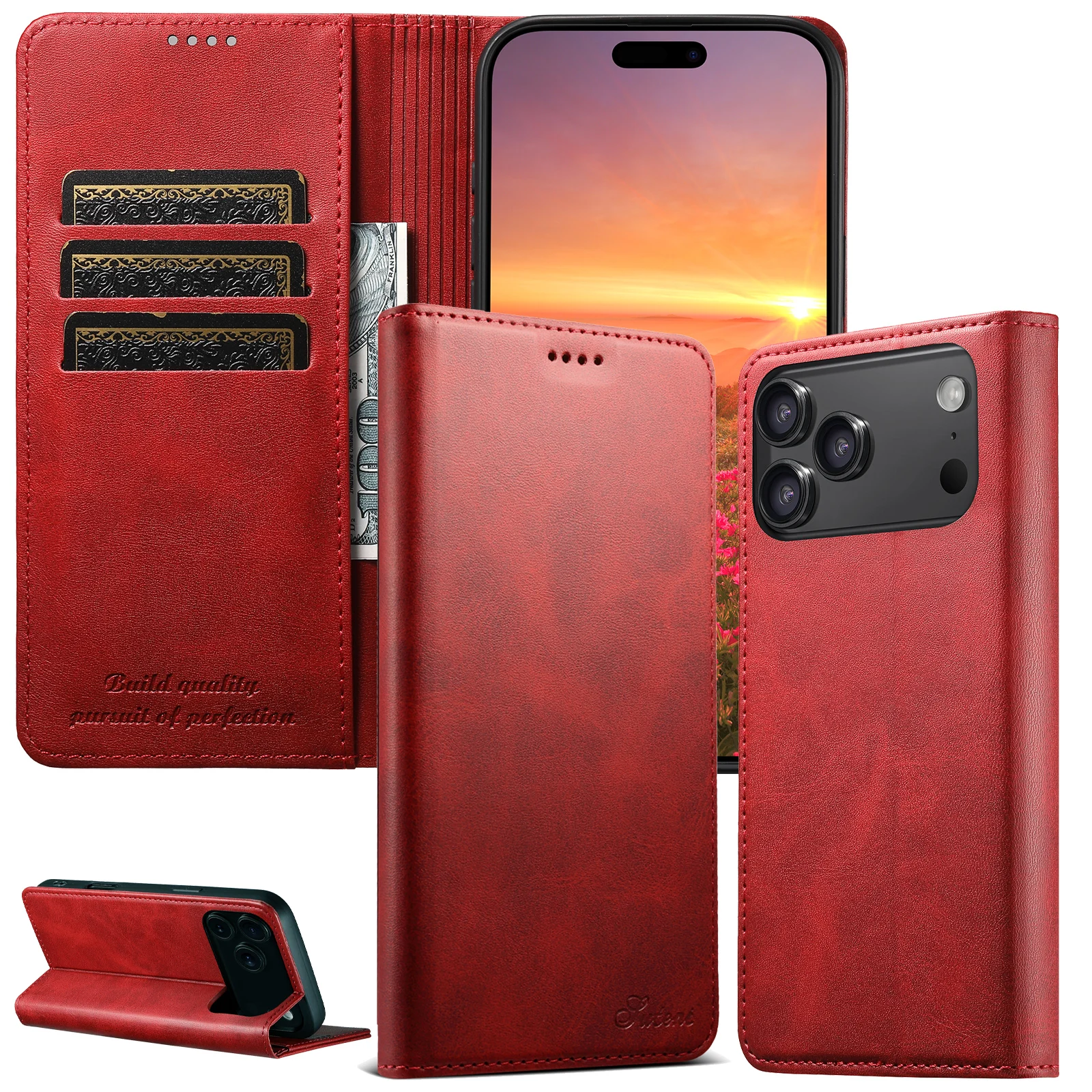 SUTENI Kunstleder-Kartenhalter-Standfunktion-Geldbörse Magnet-Flip-Cover Handyhülle für iPhone 18 Pro Max 17 16 Plus 15 Pro 14 13 12 – Detail 13