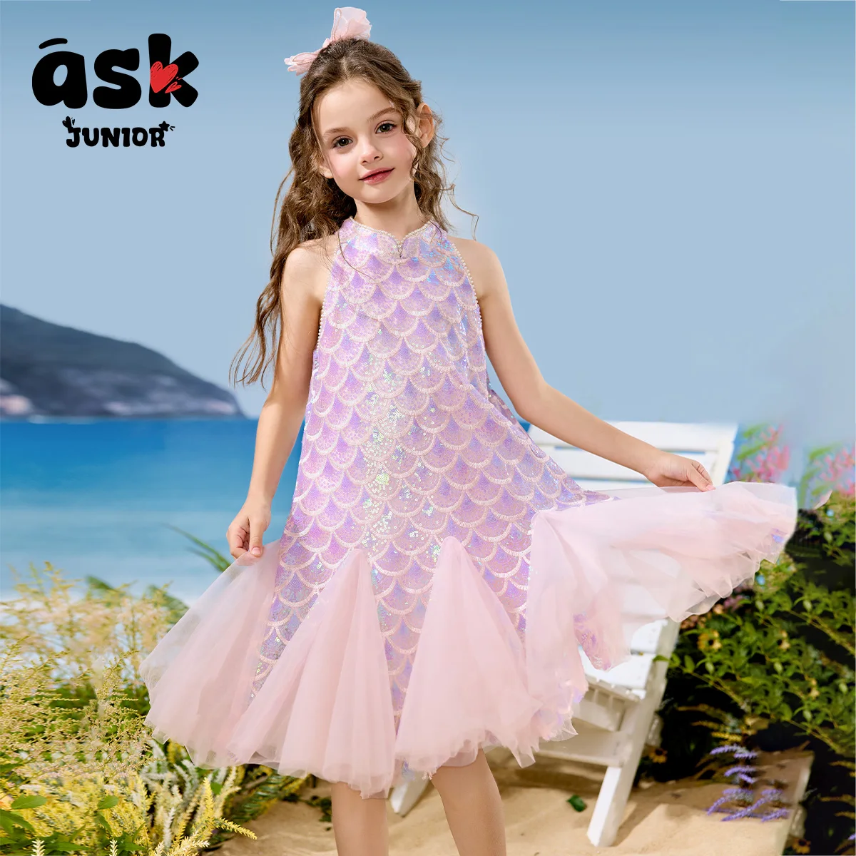 فستان الأميرة حورية البحر بدون أكمام شبكي متباين بالترتر الأرجواني للفتيات الصيفي للأطفال