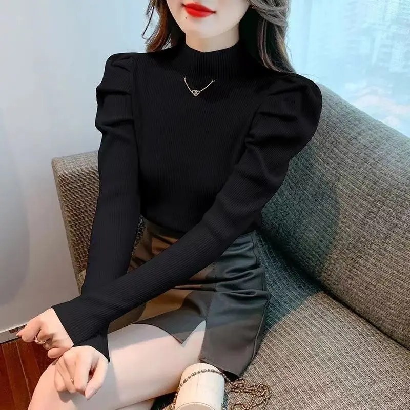 Women Trendy Solid Chain Chic Elegant Basic Knitwear Autumn Winter Half High Collar Slim Long Sleeve Pullover Tops Casual Jumper