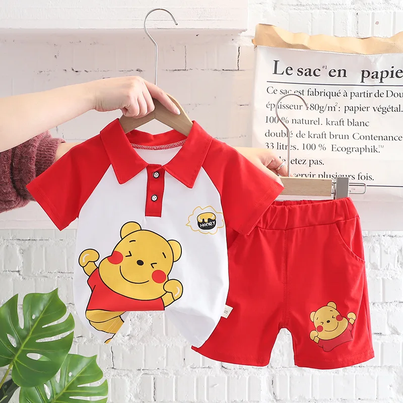 Disney Winnie The Pooh Children\'s Suit Baby Boys Girls Summer Lapel T Shirt Cartoon Shorts 2Piece Set Toddler Kids Clothing Suit