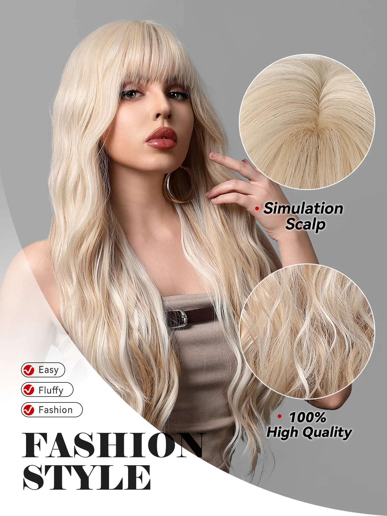 HENRY MARGU Light Blonde Layered Wavy Synthetic Wig for Women Long Mixed Blonde Hair Wig Soft Fluffy High Temperature Daily Wig