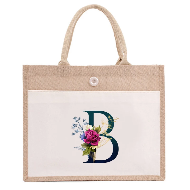 Button handheld linen bag, large capacity waterproof shopping bag magic sticker yellow linen bag