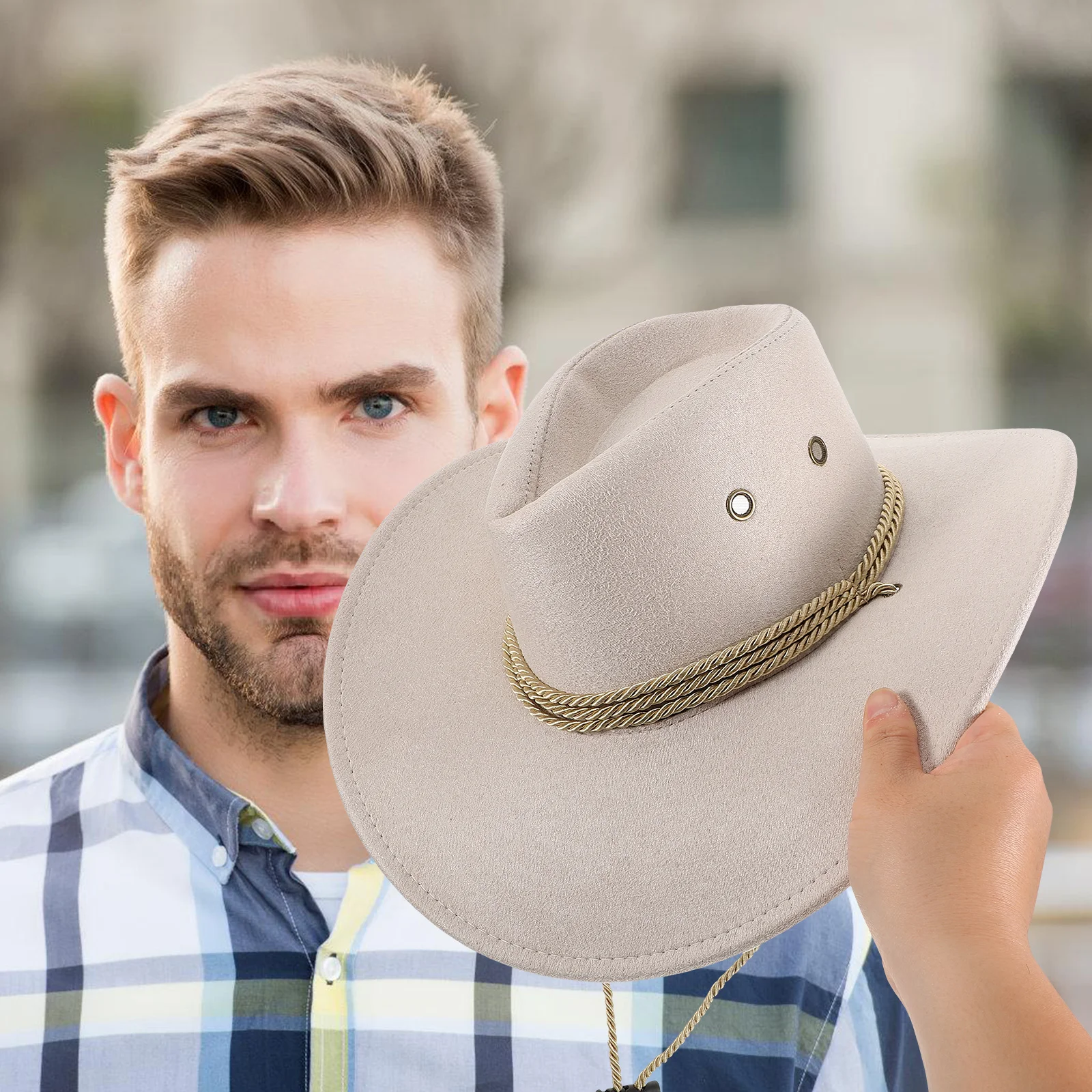 

Faux Felt Cow Men'S Wide Brim Style Sun Protection Outdoor White Cream Beige Vintage Mens Western Hats For Hiking Beach Camping