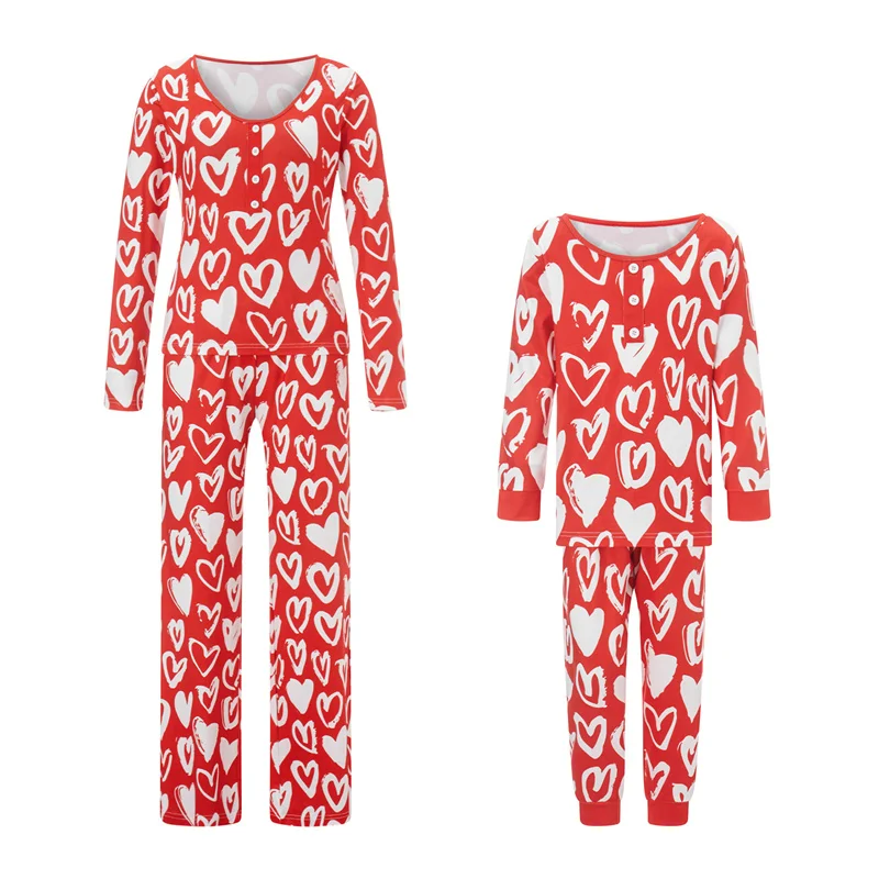 Valentines Day Family Pajamas Sleepwear Heart Print Long Sleeve T Shirt and Pants Mom and Daughter Matching Clothes Loungewear