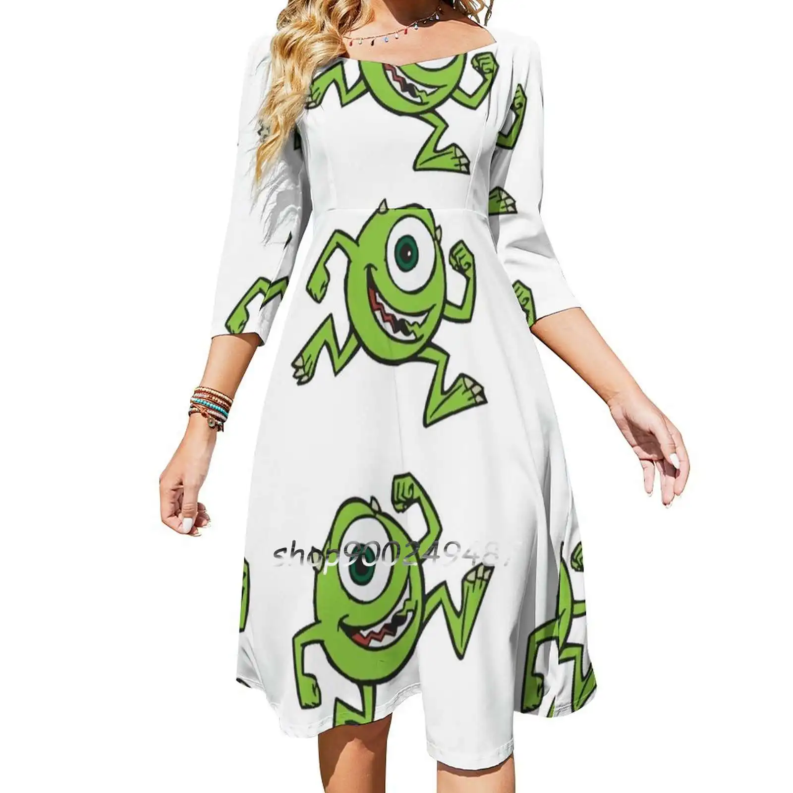 Monsters Inc Mike Retro Square Neck Dress Cute Loose Print Dresses Elegant Beach Party Dress Mike Wizowski Monsters Inc Kids