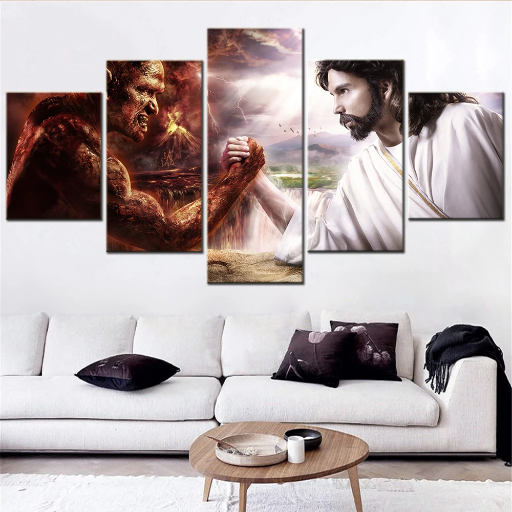 5 Panels Canvas Art Wallpaper Home Decor Religion Poster Painting Jesus Christ Vs Devil Picture Print Living Room Mural Artwork