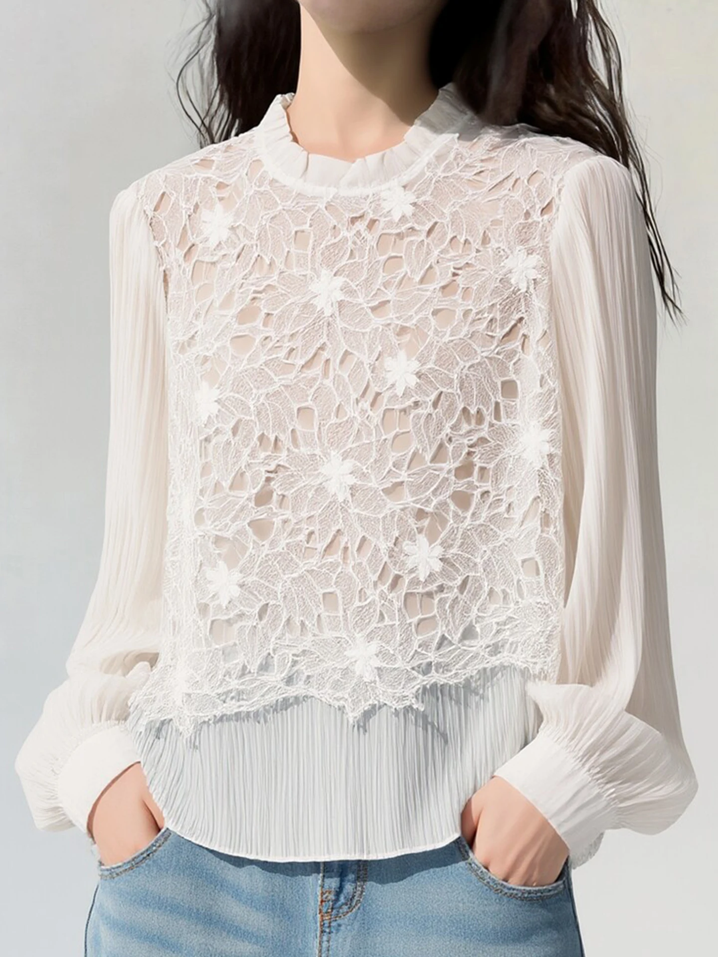 

Ele Lace Spring irt Casual Loose Long Sve Women's Faion Gentle Wind Korean Sle Straight Cut Silk Top