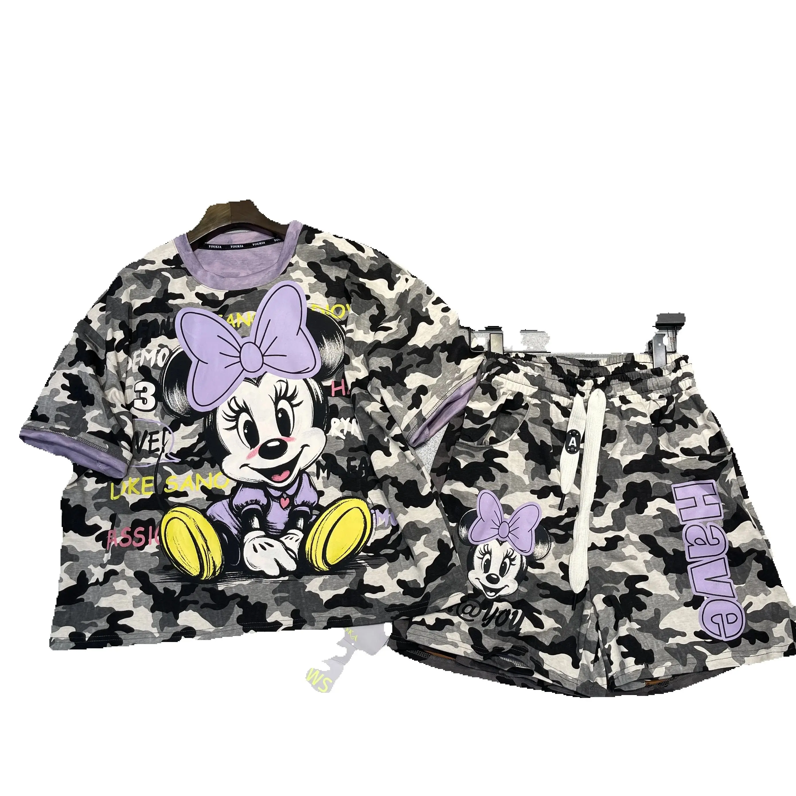 

Fashion Cartoon Camouflage Printed Women Two-piece Set All-match O-neck Short Sleeve T-shirt Top + Elastic Waist A-line Shorts