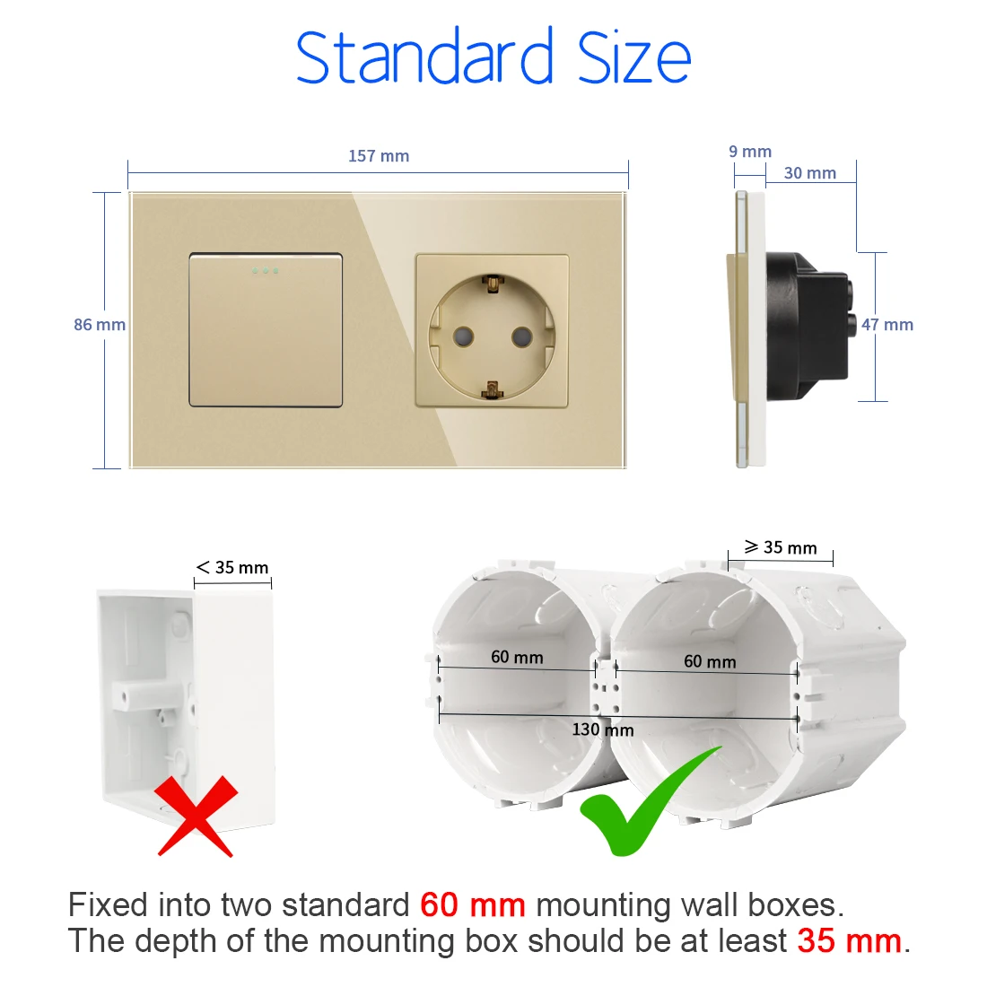 Bingoelec Golden Crystal Glass Panel 1 2 3Gang 1 2 Way Pass Through on / Off Light Switch Stair Wall Switch with EU Socket