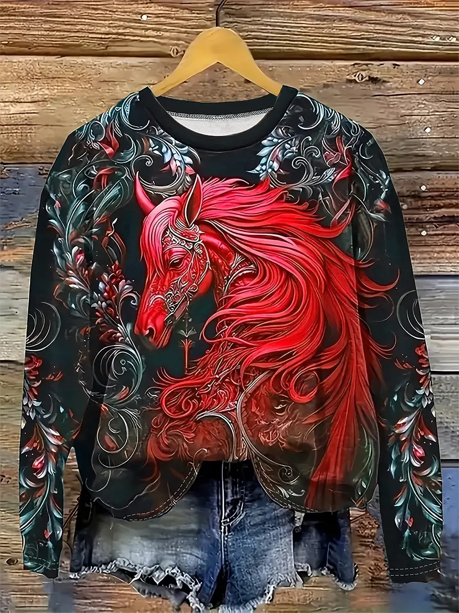 Camiseta de manga larga con estampado 3D de caballo a la moda para mujer, camisetas informales de otoño para regalos de vacaciones, camisetas para Festival, ropa Harajuku para mujer