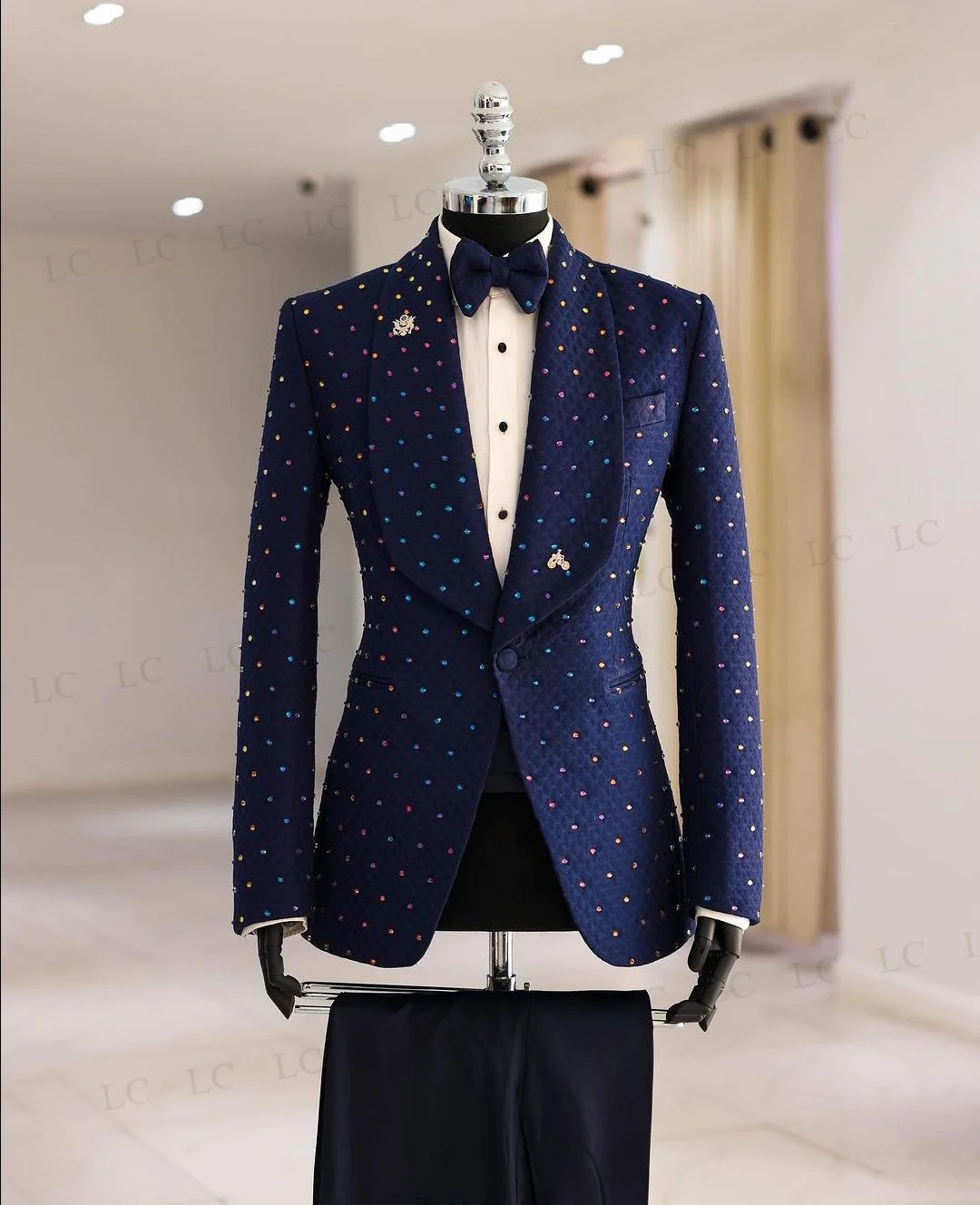 Sparkly Navy CrystalWedding Groom Diamonds Men Suits 2 Pieces Blazer Pants One Button Tuxedo Formal Work Wear Plus Size Tailored