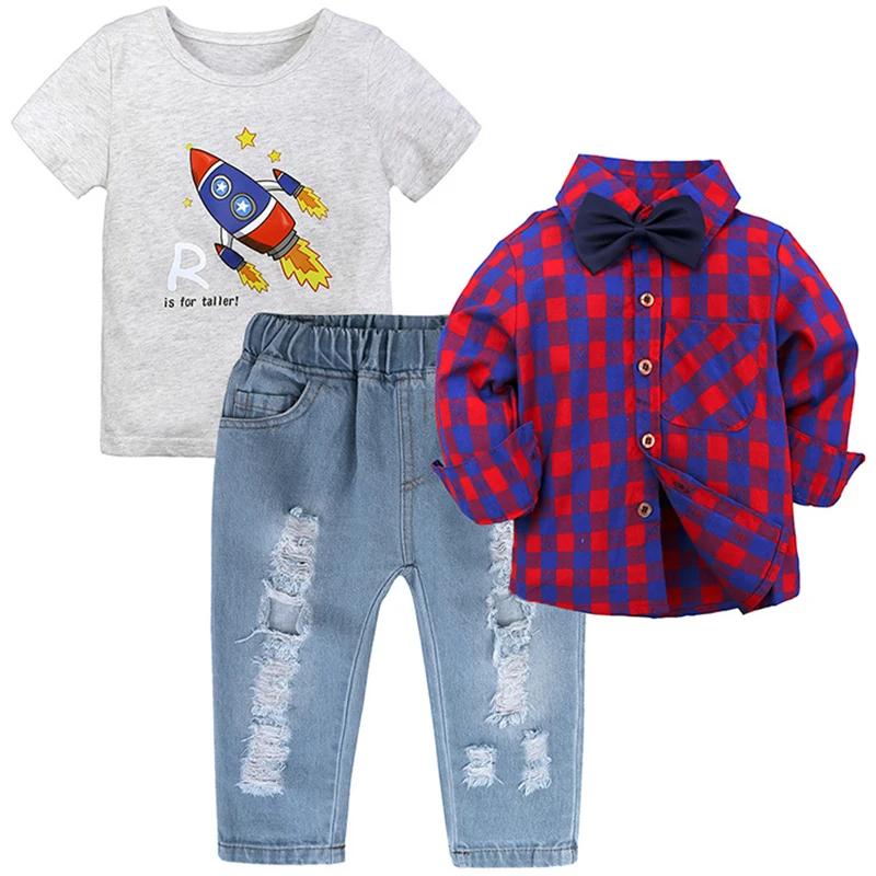 

3Piece Spring Autumn Baby Boy Clothes Korean Casual Plaid Tie Shirt+Tops+Hole Jeans Boutique Kids Clothing Children's Sets BC377