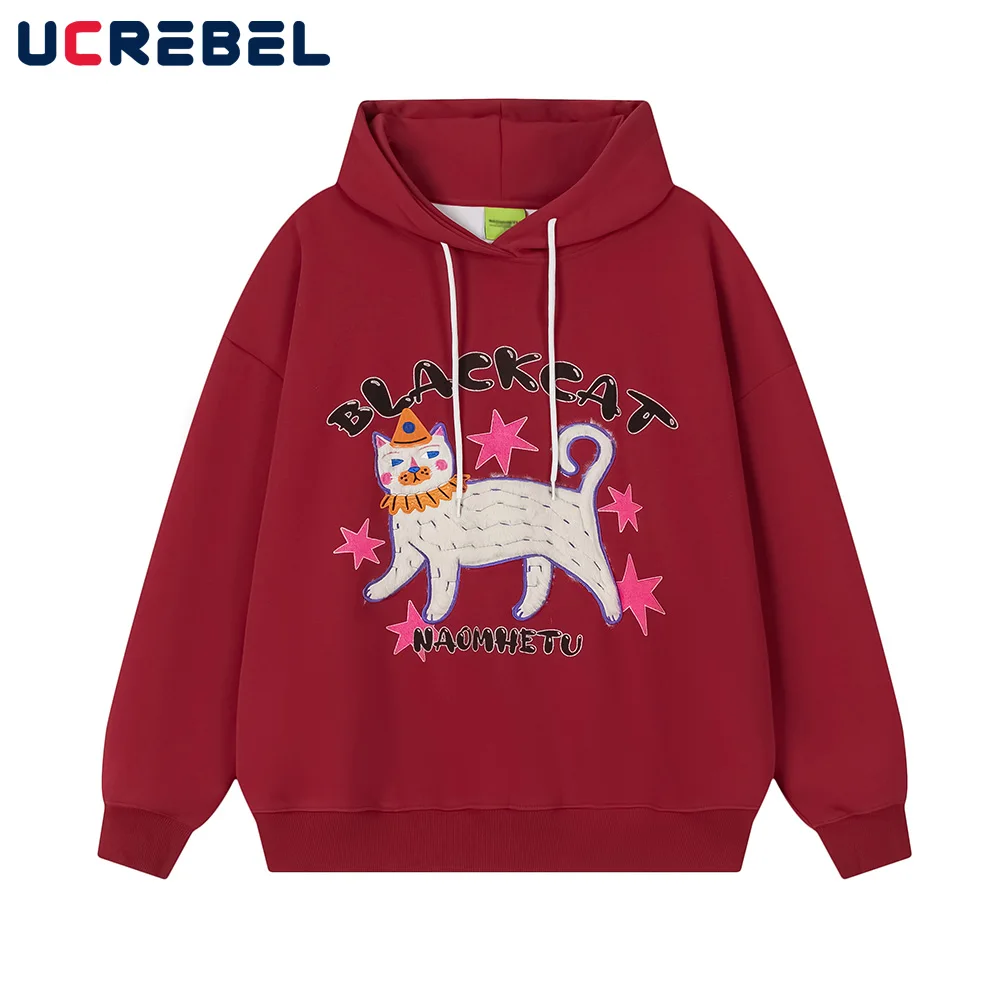 Funny Cat Embroidery Hoodies Mens Autumn High Street Loose Drop Shoulder Long Sleeve Hooded Sweatshirts Men