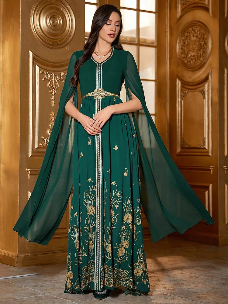 

Elegant Luxury Dubai Indian Dress Women Muslim Abayas Fashion Chiffon Pullover Embroidered Dress Extra Long Sleeves Muslim Dress