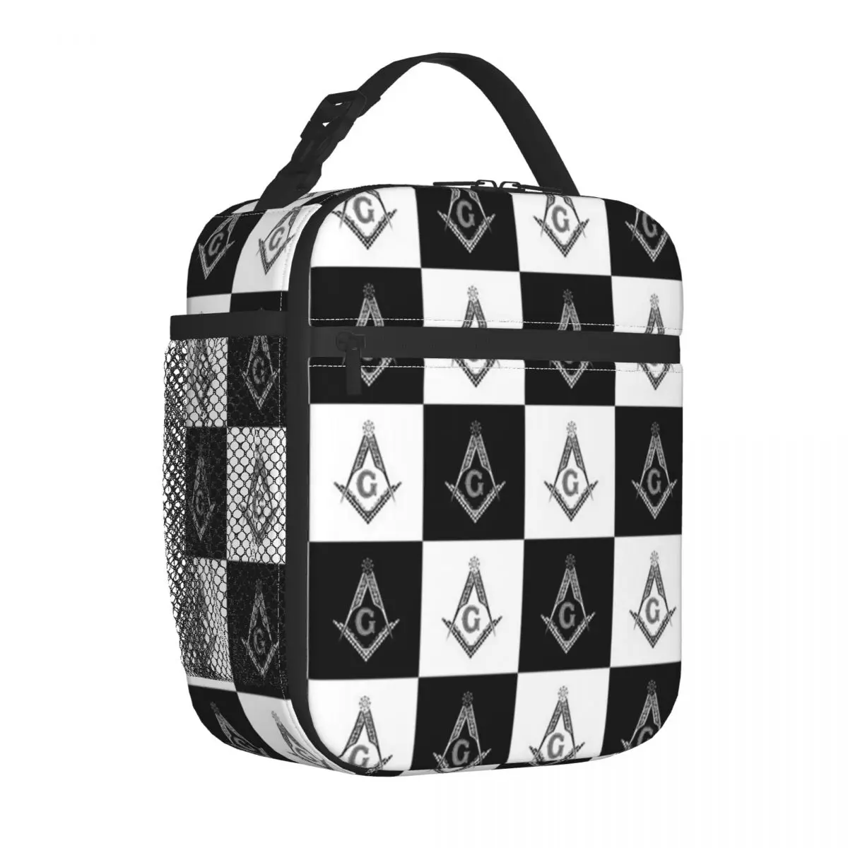 Freemason Checkered Pattern Insulated Lunch Bag Cooler Bag Lunch Container Masonic Mason Lunch Box Tote Bento Pouch Beach Picnic