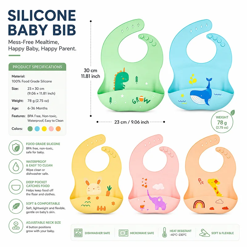 Silicone Baby Bibs Food Grade Toddler Feeding Bib With Deep Food Catcher Pocket Adjustable Snap Closure Washable Baby Eating Bib