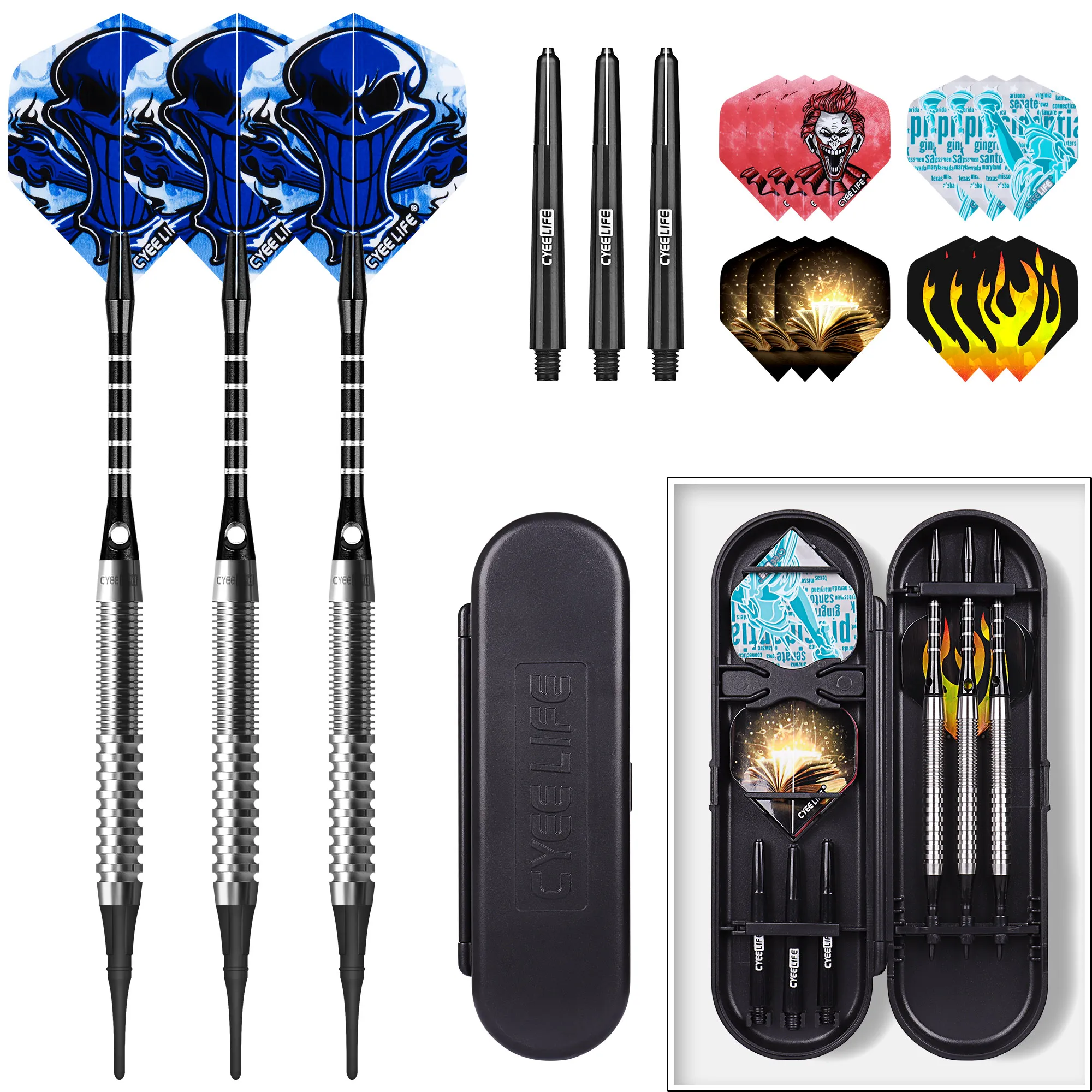 

CyeeLife 18g Professional 90% Tungsten soft Tip darts with case,3 plastic points+3pcs Aluminium Shafts +3 PC Shafts+15 Flights