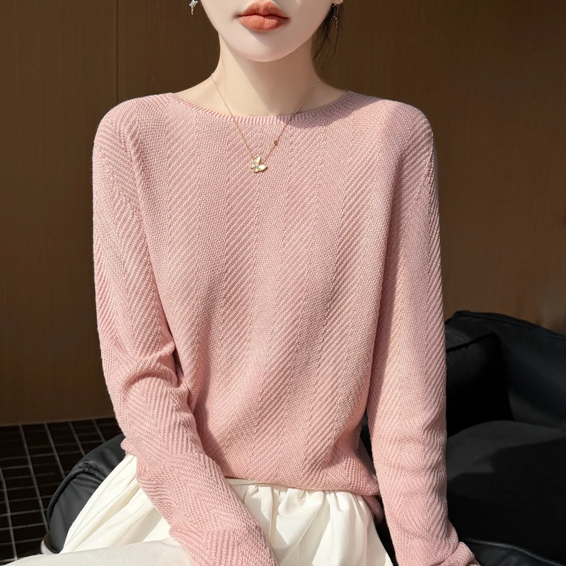 First line ready to wear simple spun thin knitted sweater round neck long sleeved base sweater women's pullover sweater