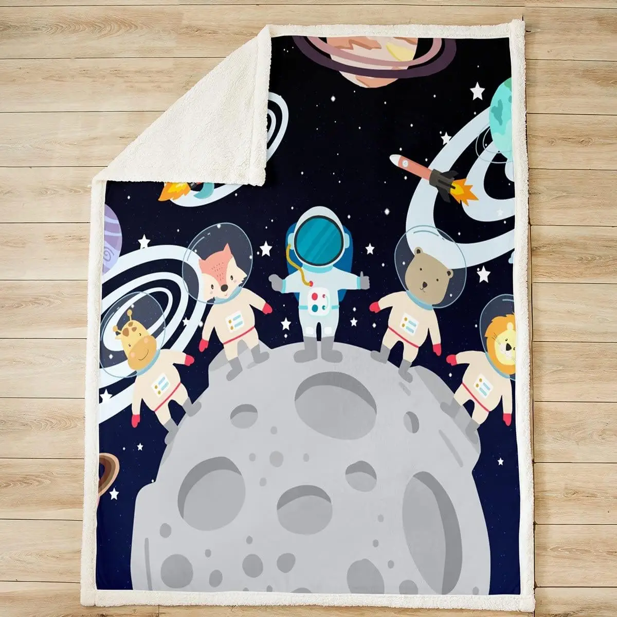 Outer Space Throw Blanket Cartoon Animal Astronaut Blanket for Couch Sofa, Galaxy Planets Rockets Bed Blanket for Kids