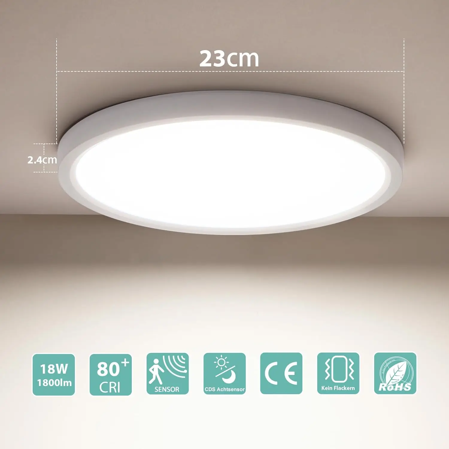 Packung mit 2/4 18-W-Smart-LED-Deckenleuchten mit Bewegungsmelder, 1800 lm Ø23 cm, 4000 K halbbündige Halterung für Schlafzimmer, Küche, Flur – Detail 1