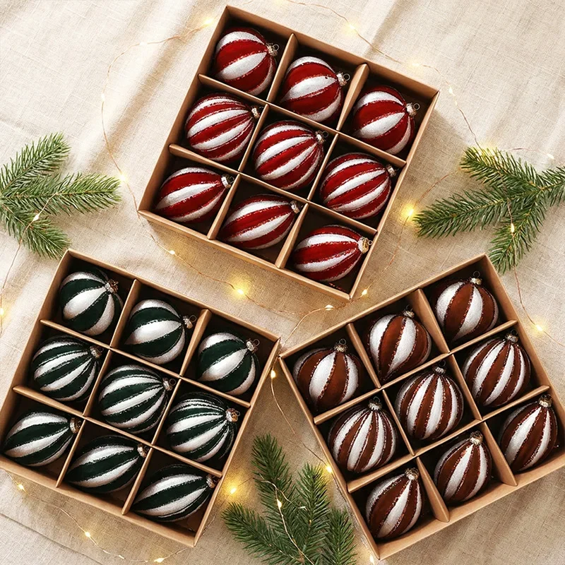 9pcs 8CM Painted Christmas Ball Ornaments Flocking Luxury Christmas Tree Party Decoration Christmas Spheres Pendant Set