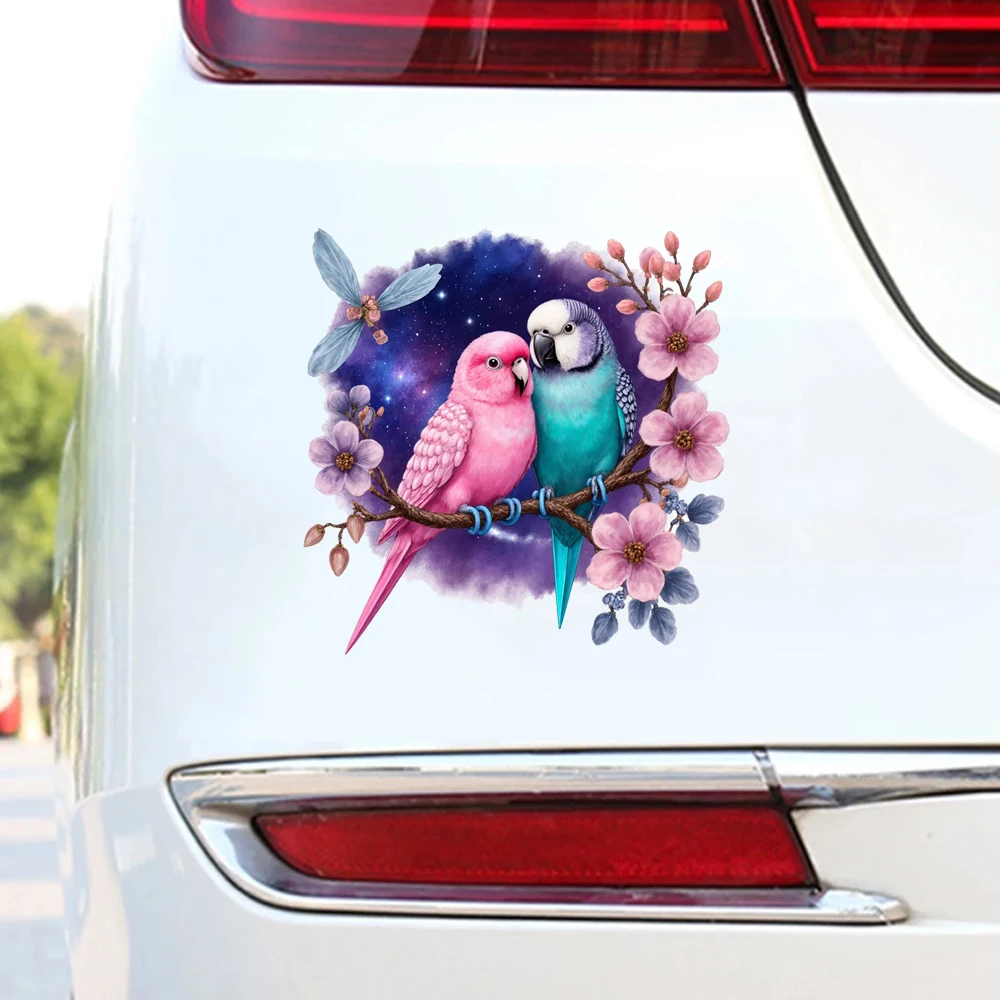 Adhesive Waterproof Vinyl - Pink & Turquoise Parrots on Branch Stickers Scratch Blocking Self-Adhesive Waterproof Decal