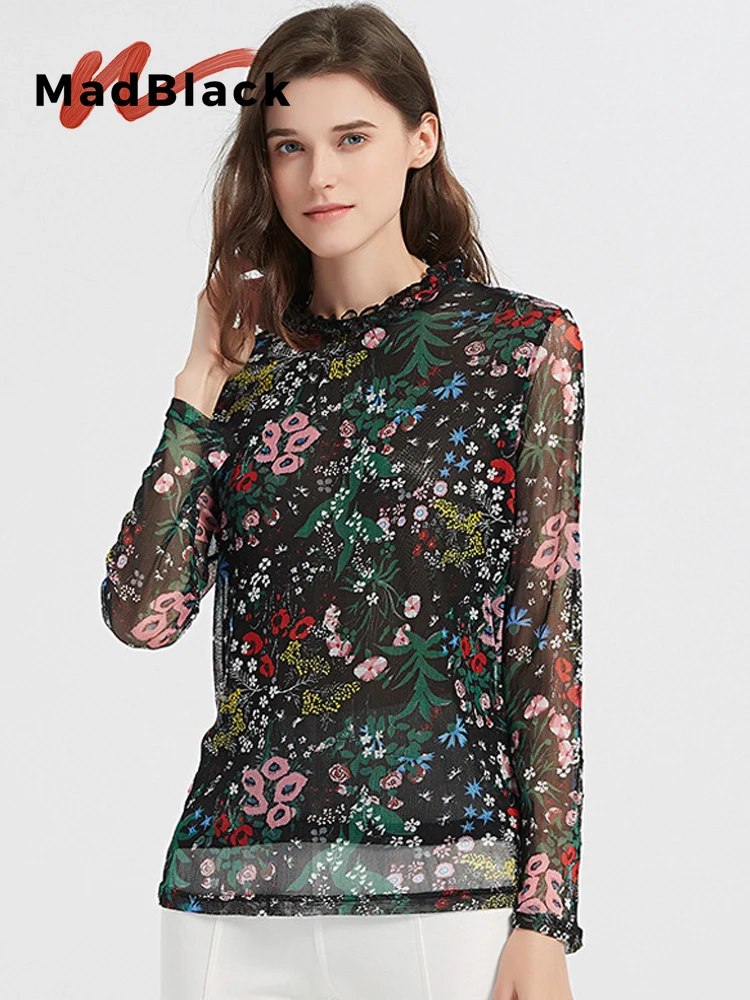 MadBlack-100%Real Silk Elegant Knit T-Shirt, O Neck Long Sleeve Print, Women Versatile Ruffles Mesh Top, 2026 Autumn T69515CC