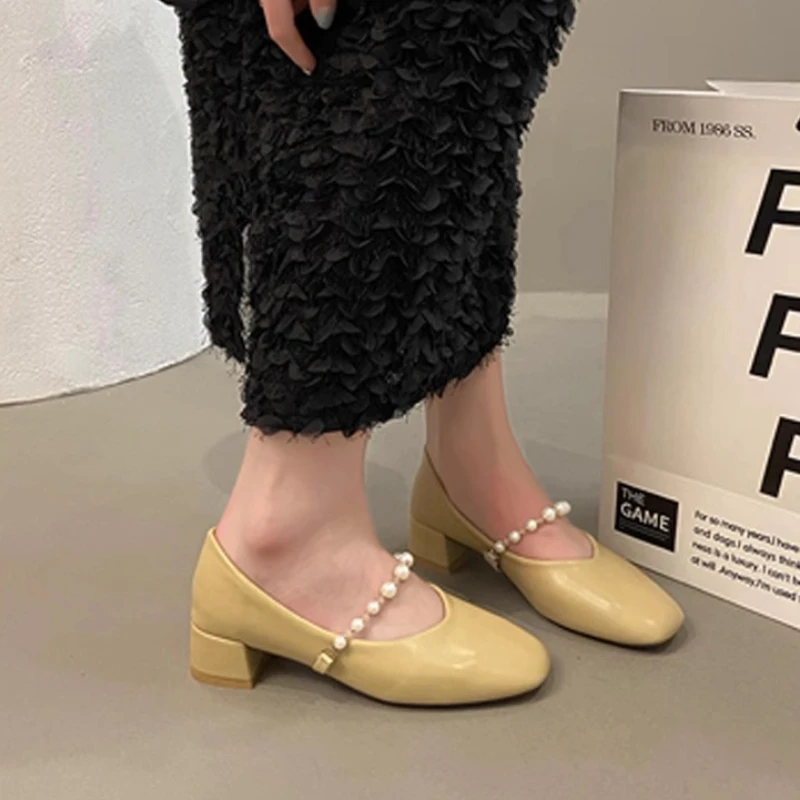 

Женские туфли с неглубоким носком Ms. Mary Jane, новые мягкие туфли с украшением из жемчуга и квадратным носком, весна-осень 2024