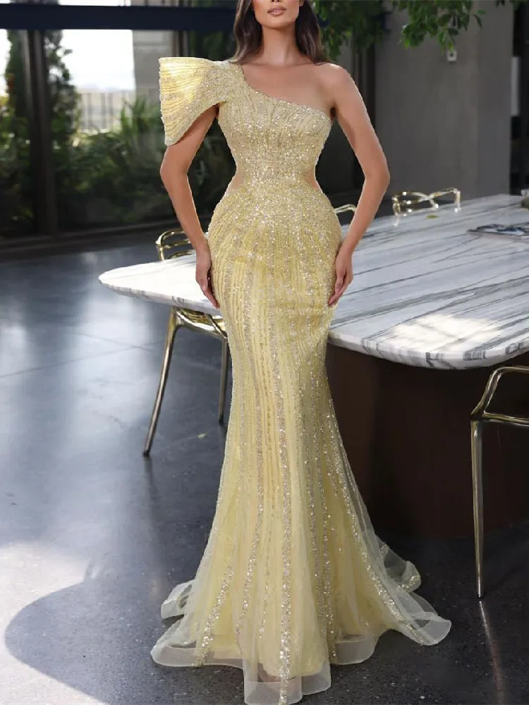 Yellow Mermaid Evening Dresses One Shoulder Bateau Sleeveless Sequins 3D Lace Sparkly Beaded Appliques Prom Dresses Custom Made