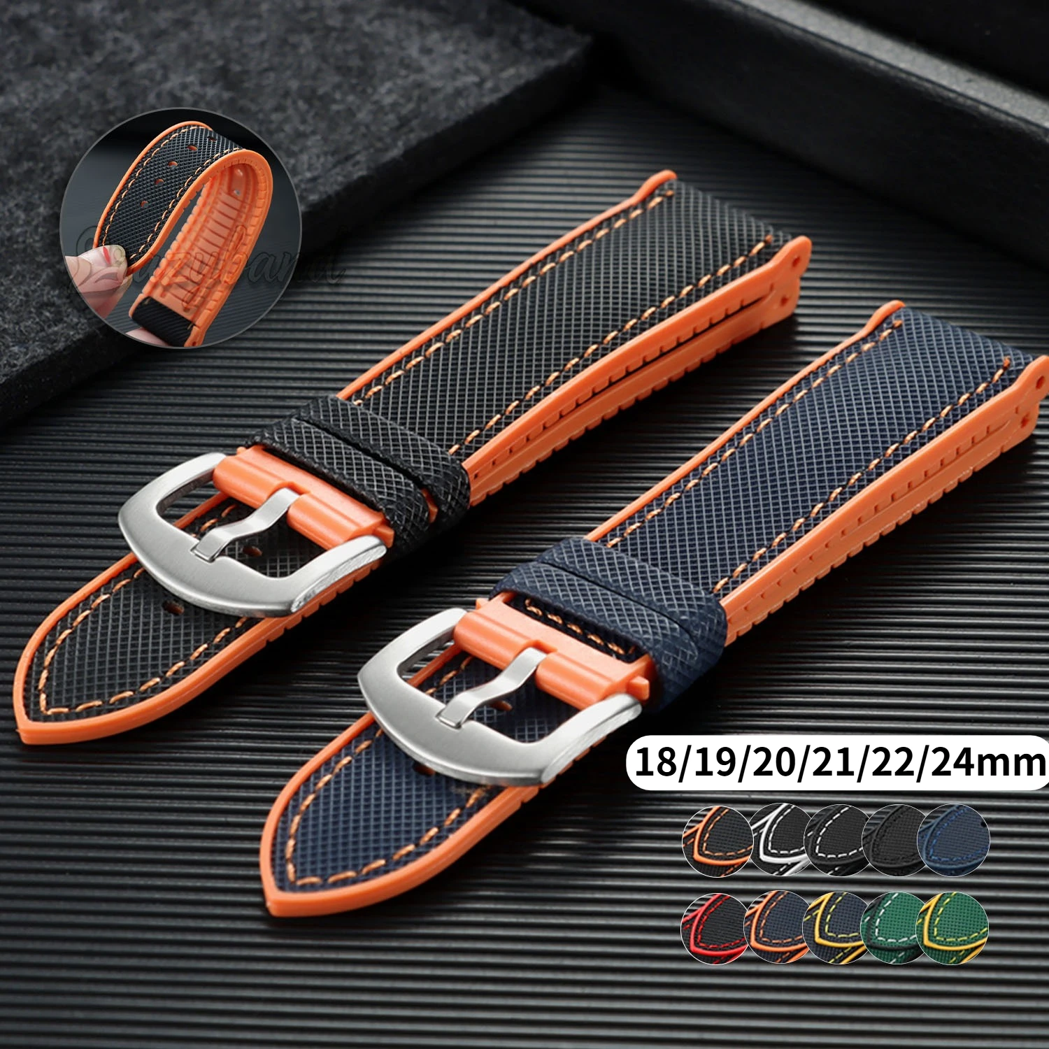18/19/20/21/22/24mm New Nylon Sailcloth Rubber Hybrid Strap Men Women Silicone Waterproof Watch Band Orange Blue Black Bracelet