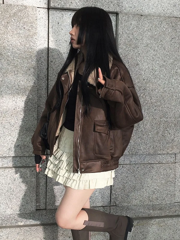 Chic Vintage Winter Lange Sve Lamm Pelz Jaet frauen Lose Casual Leder Und Pelz Inteated Warme Mantel Sli Pendeln Sle