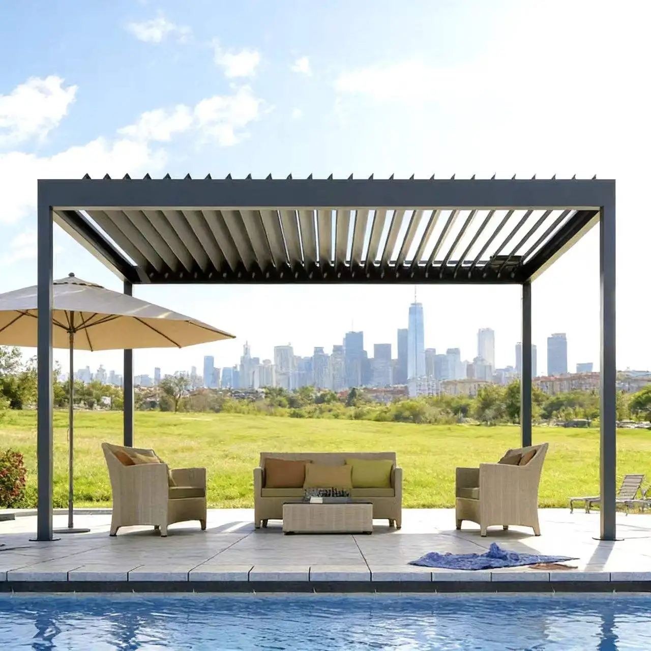 Modern Hurricane Proof Electric Adjustable Shutters Pavilion Sturdy and Durable Anodized Aluminum Alloy Gazebo Barbecue Pergola